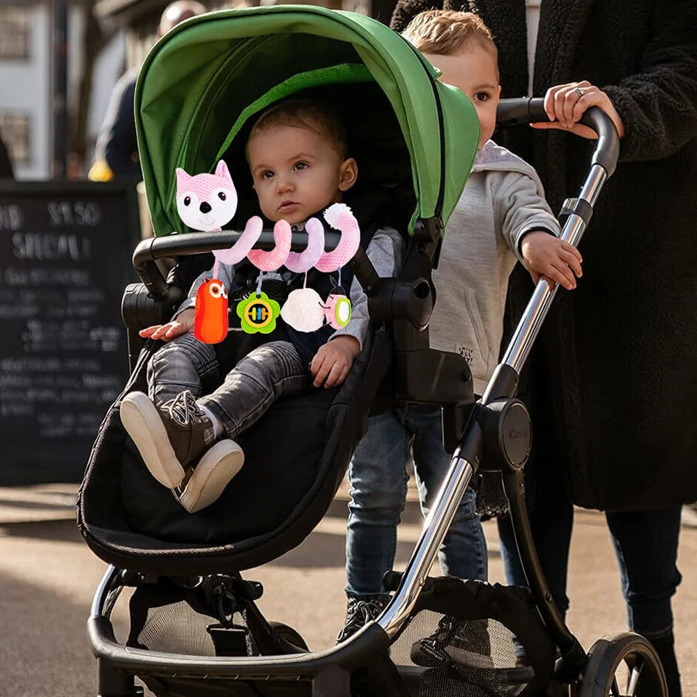 Pink Fox Plush Hanging Stroller Toys with Musical Sheep Rattles Owl Ladybird Distorting Mirror X47362