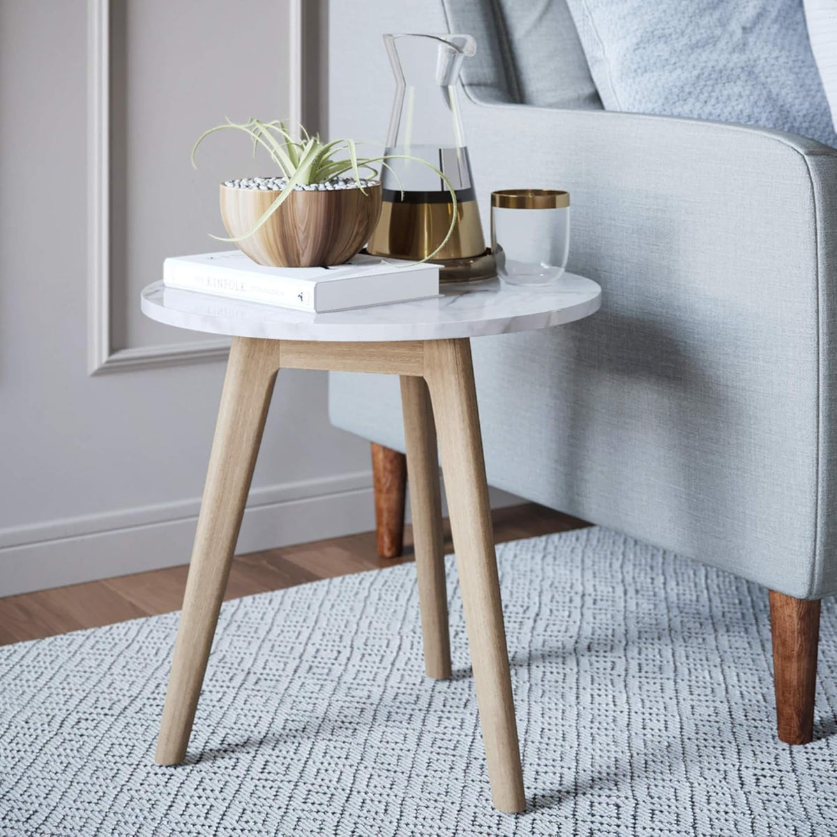 White Faux Carrara Marble Nightstand with Solid Wood Legs X5968
