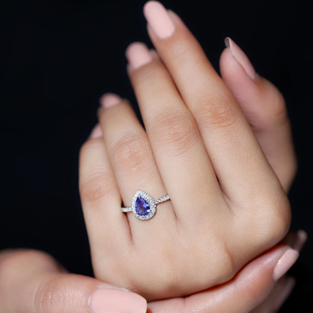 Tanzanite Teardrop Ring with Diamond Halo, 925 Sterling Silver G602