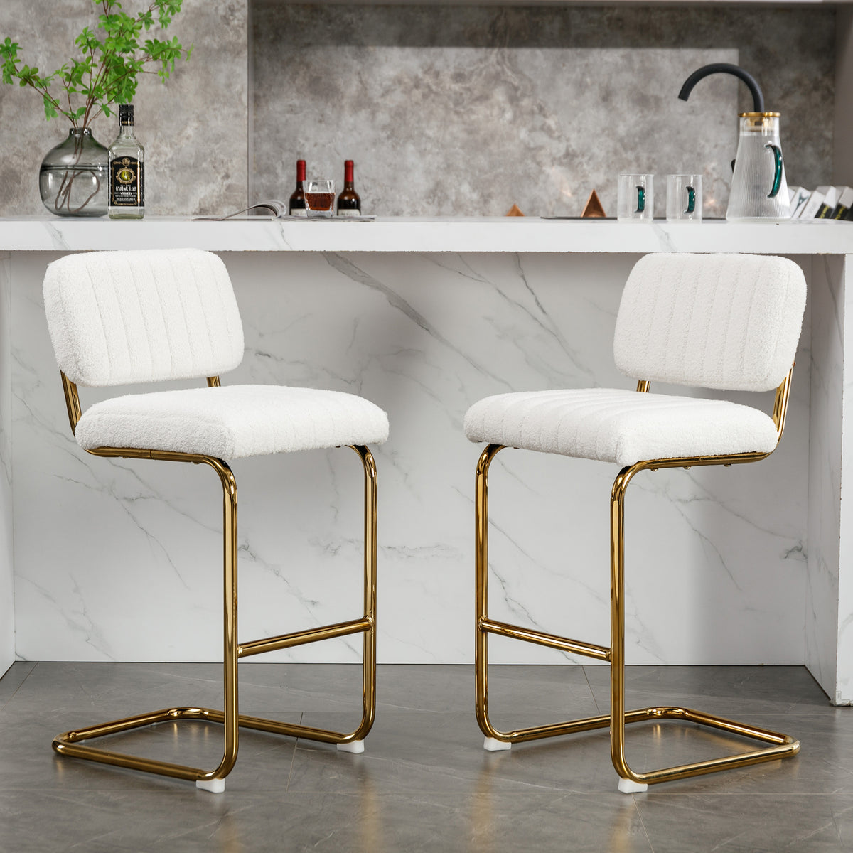 Ivory Boucle Fabric Counter Height Bar Stools Set of 2 K436