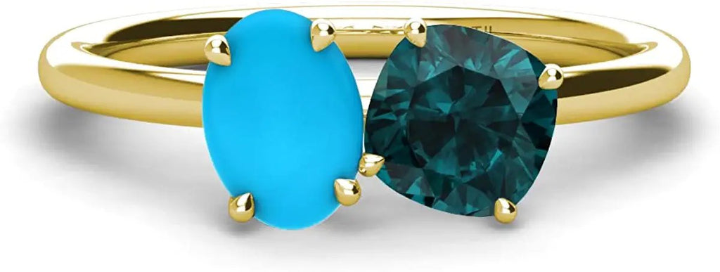 Oval Turquoise & Cushion London Blue Topaz 2 1/3 ctw Four Prong 2 Stone Engagement Ring 10K Yellow Gold U78642
