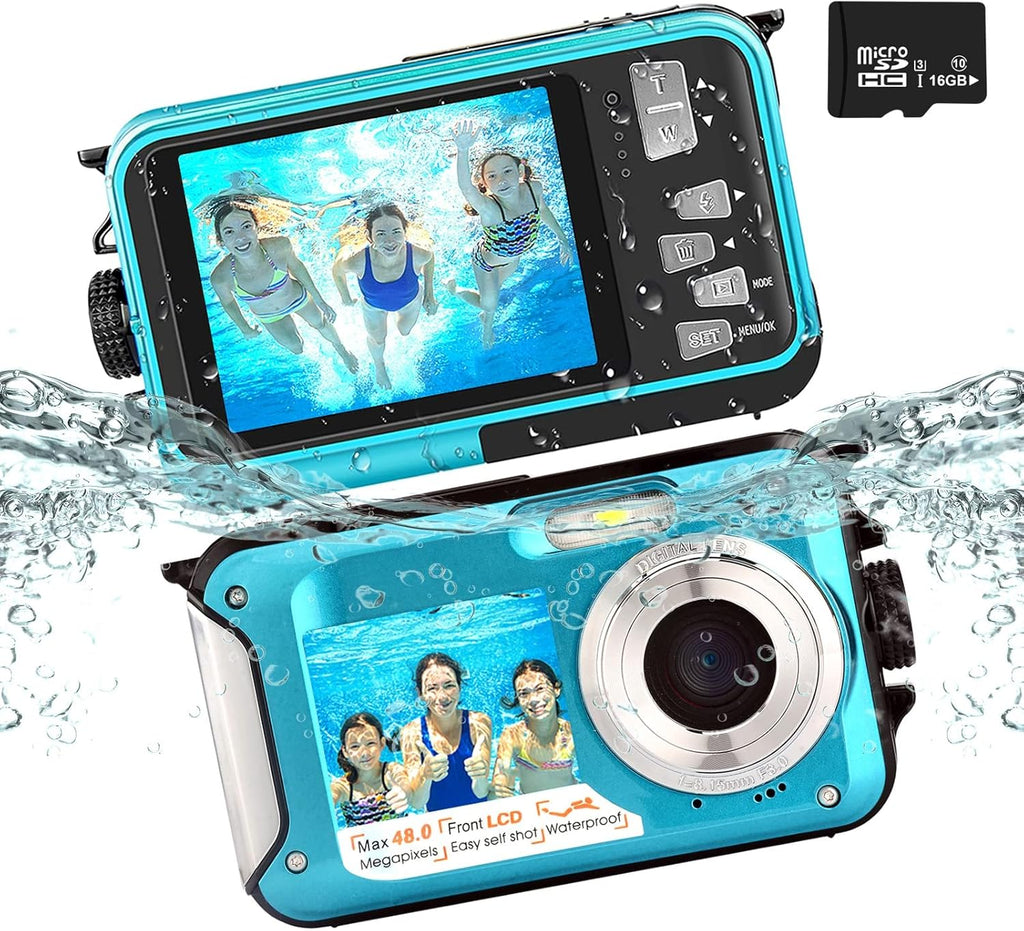 Blue 13FT Waterproof Underwater Camera, 48MP Photo 2.7K Video, Dual Display, Pack of 2 Y9808