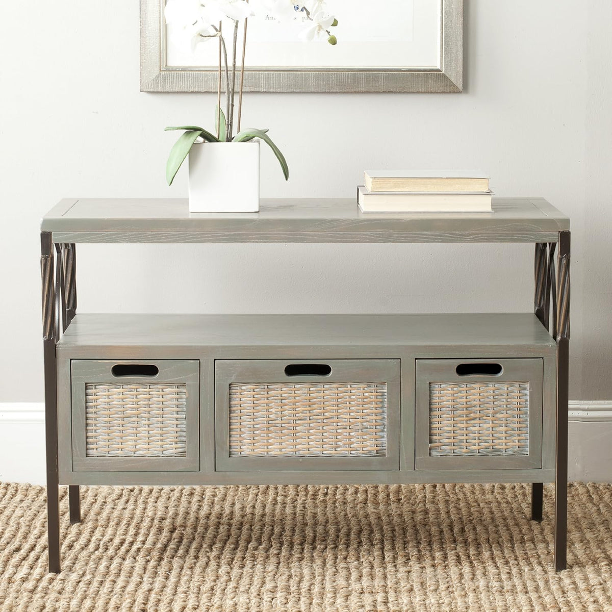 Antique Dark Walnut and Pewter 3-Drawer Console Table W8732