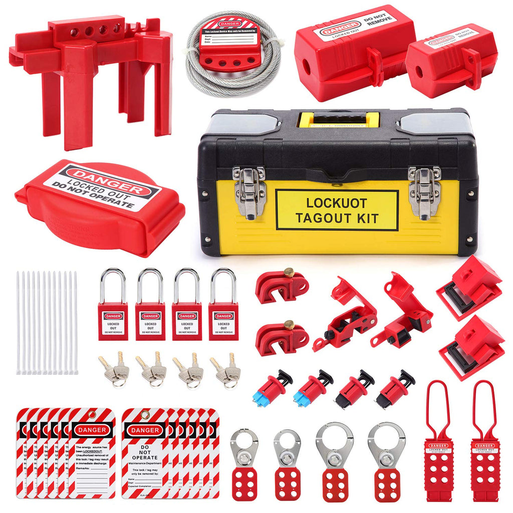 Lockout Tagout Kit with Safety Padlocks, Hasp, Breaker Lockout, Ball Valve Lockout, Steel Cable Lockout, Plug, Valve Lockout, Tags Q62617