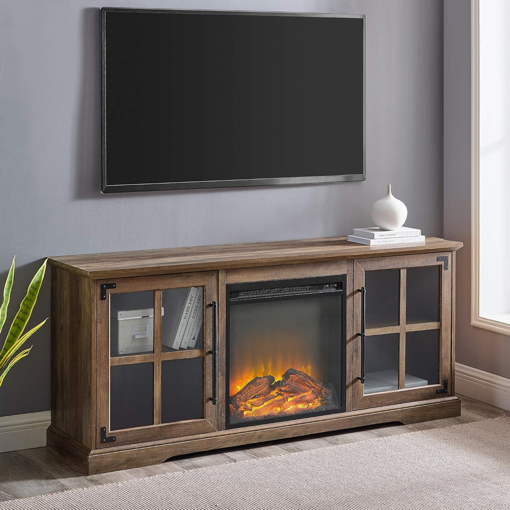 Rustic Oak 58 Inch Wood TV Stand with Storage Cabinet Doors and Shelves P742