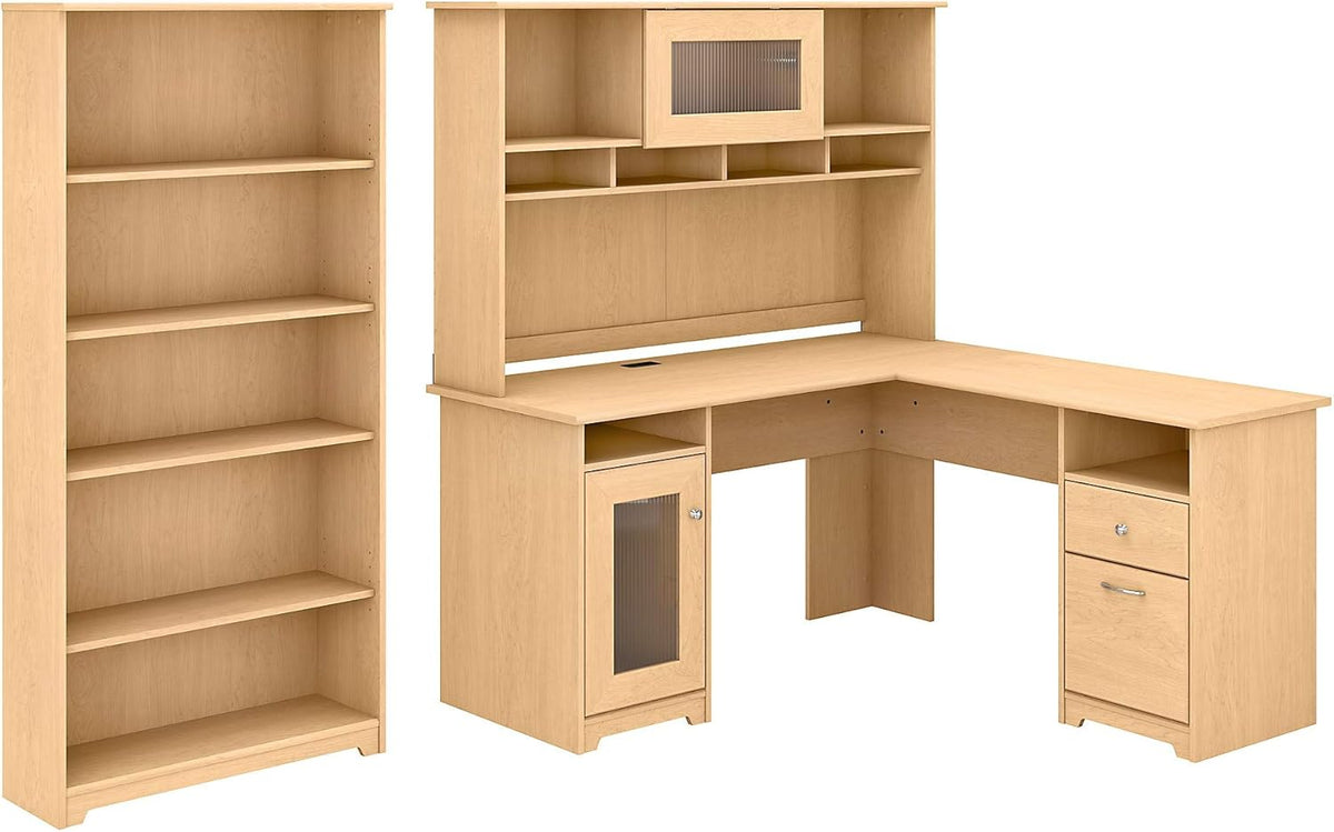 Espresso Oak L Shaped Desk with Hutch and 5 Shelf Bookcase W994889