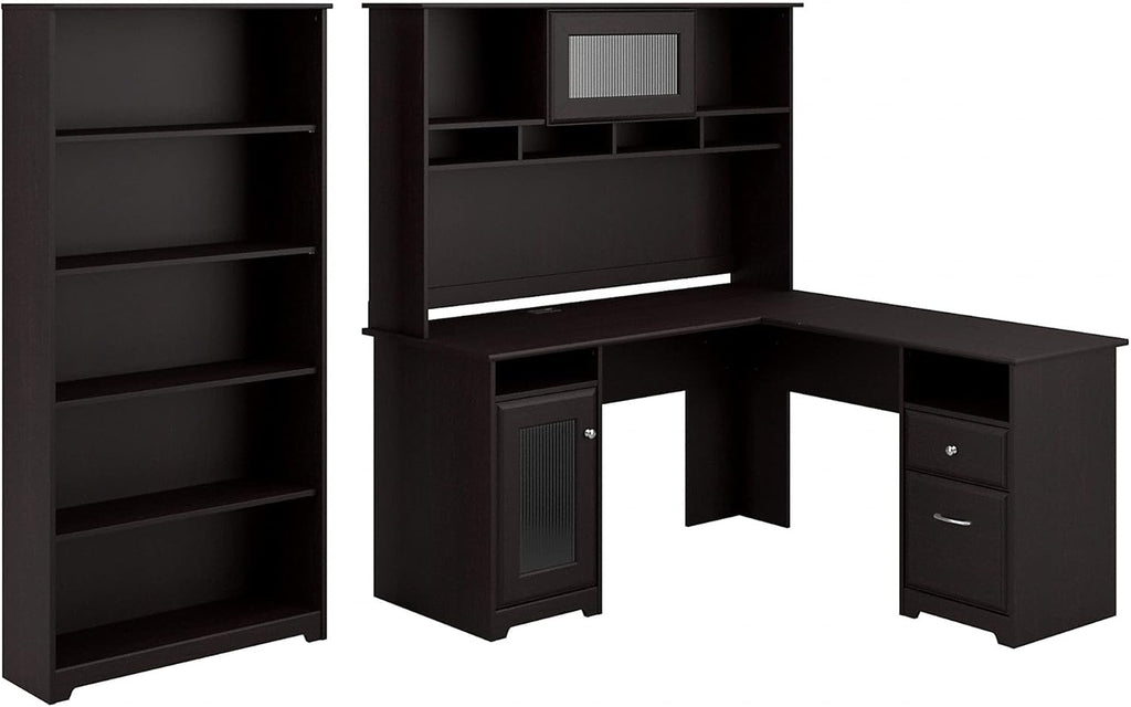 Espresso Oak L Shaped Desk with Hutch and 5 Shelf Bookcase W994889