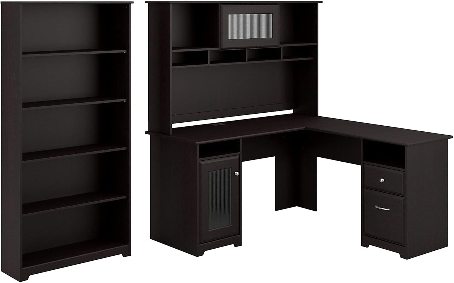 Espresso Oak L Shaped Desk with Hutch and 5 Shelf Bookcase W994889