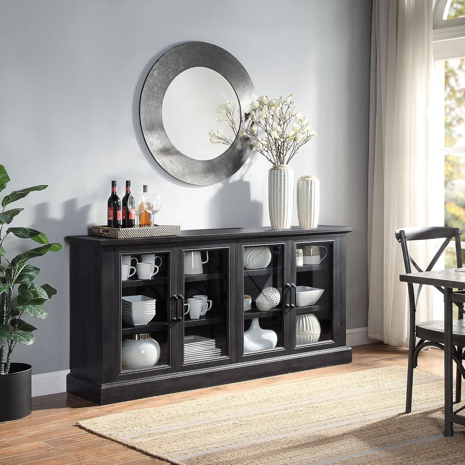 Rustic Grey Wood Sideboard Buffet with Storage Cabinet and Glass Doors N863