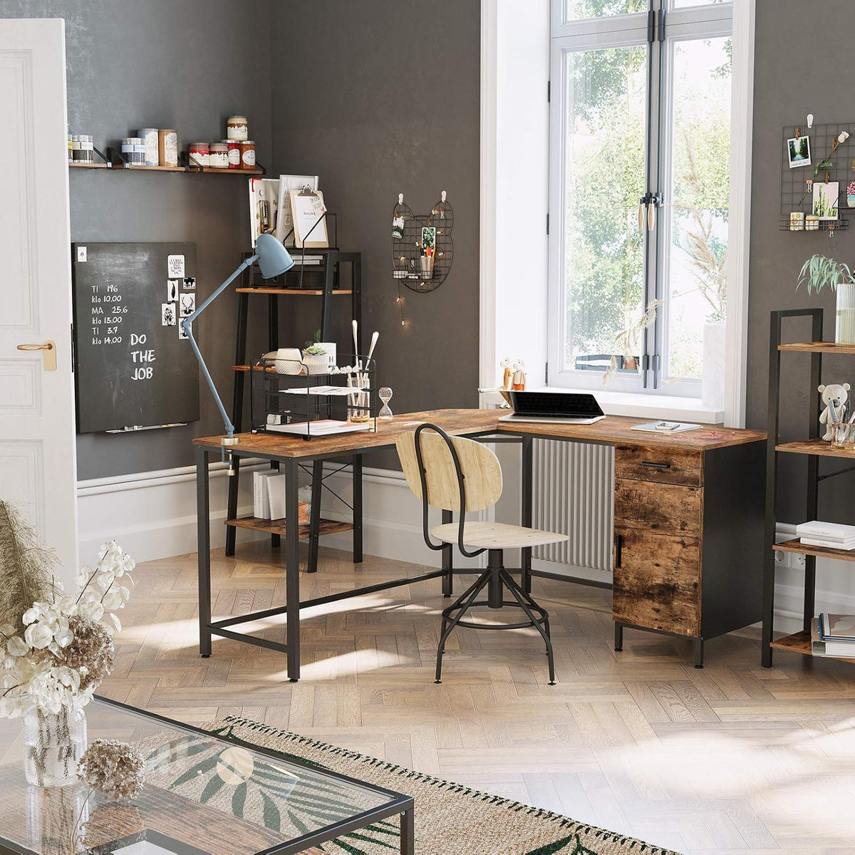 L-Shaped Corner Desk with Cabinet and Drawer, Steel, Rustic Brown and Black J880406