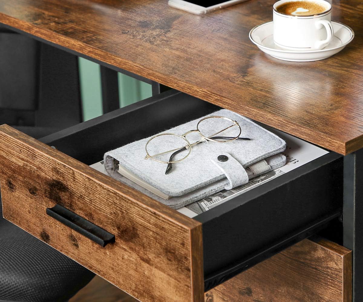L-Shaped Corner Desk with Cabinet and Drawer, Steel, Rustic Brown and Black J880406