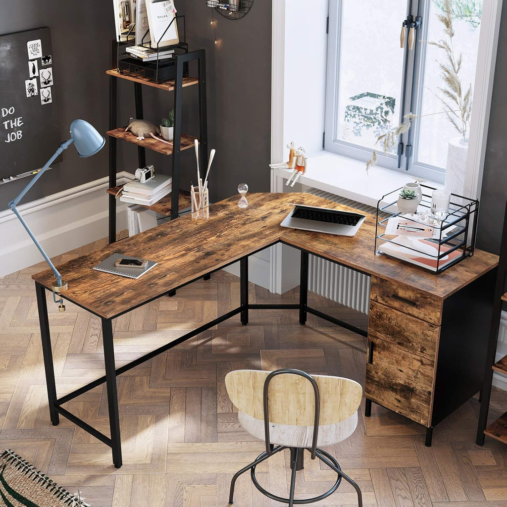 L-Shaped Corner Desk with Cabinet and Drawer, Steel, Rustic Brown and Black J880406