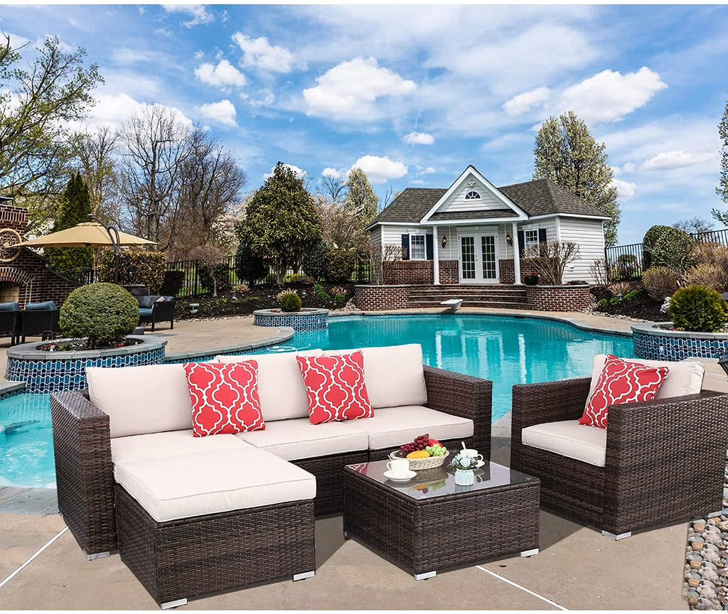6pcs Gray Rattan Wicker Sectional Outdoor Sofa Set with Black Washable Seat Cushions & Glass Coffee Table V130597