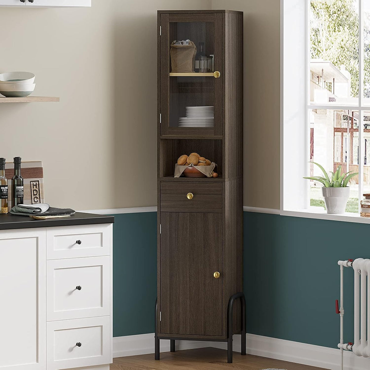 67'' Tall Bathroom Storage Cabinet with Drawer, Glass Door & Shelves D745