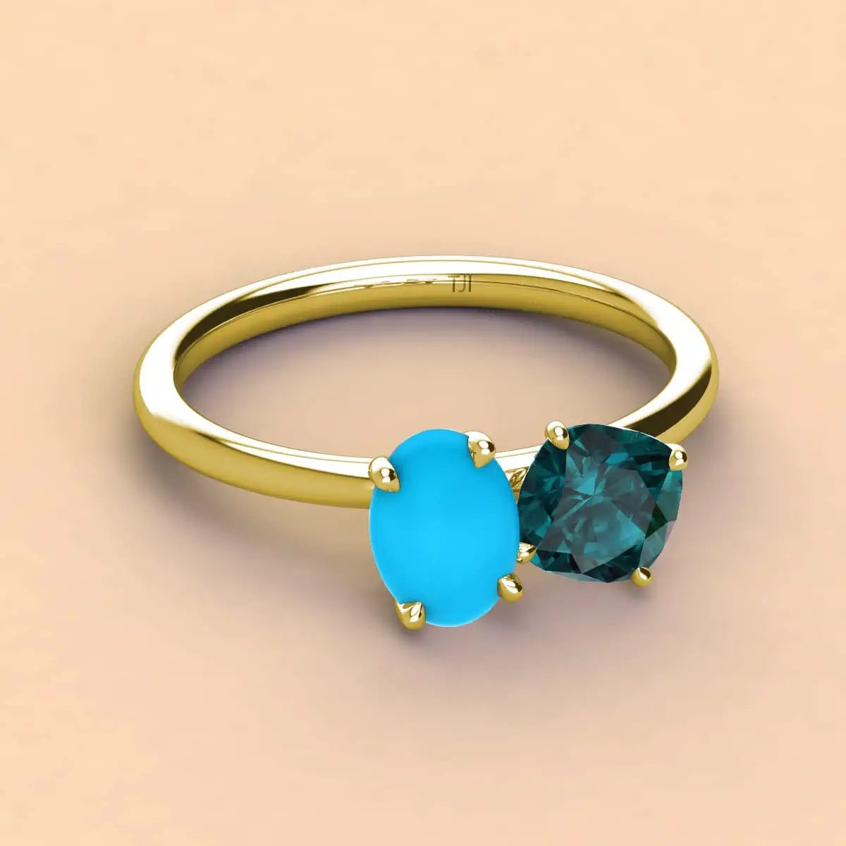 Oval Turquoise & Cushion London Blue Topaz 2 1/3 ctw Four Prong 2 Stone Engagement Ring 10K Yellow Gold U78642
