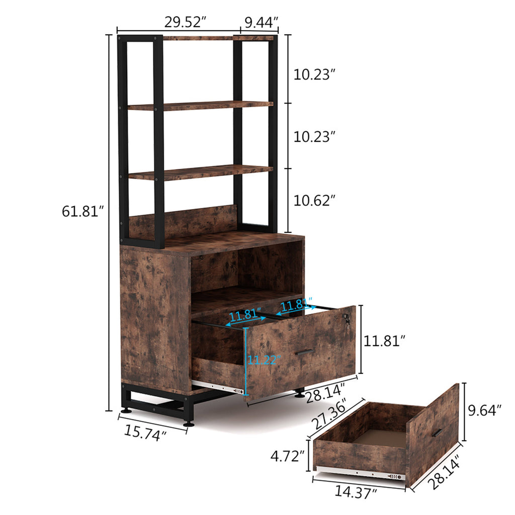 2 Drawer File Cabinet with Lock Bookshelf, Letter Size Printer Stand - Brown Y740566