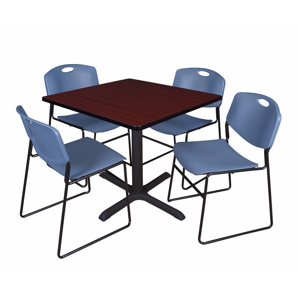Mahogany Square Breakroom Table and 4 Blue Stack Chairs B31025