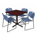 Mahogany Square Breakroom Table and 4 Blue Stack Chairs B31025