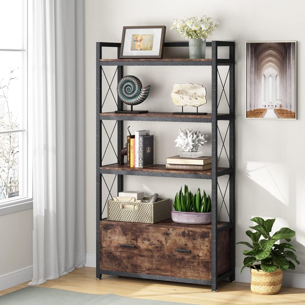 Freestanding Lateral Filing Cabinet with Drawer and Open Storage Shelves G1472