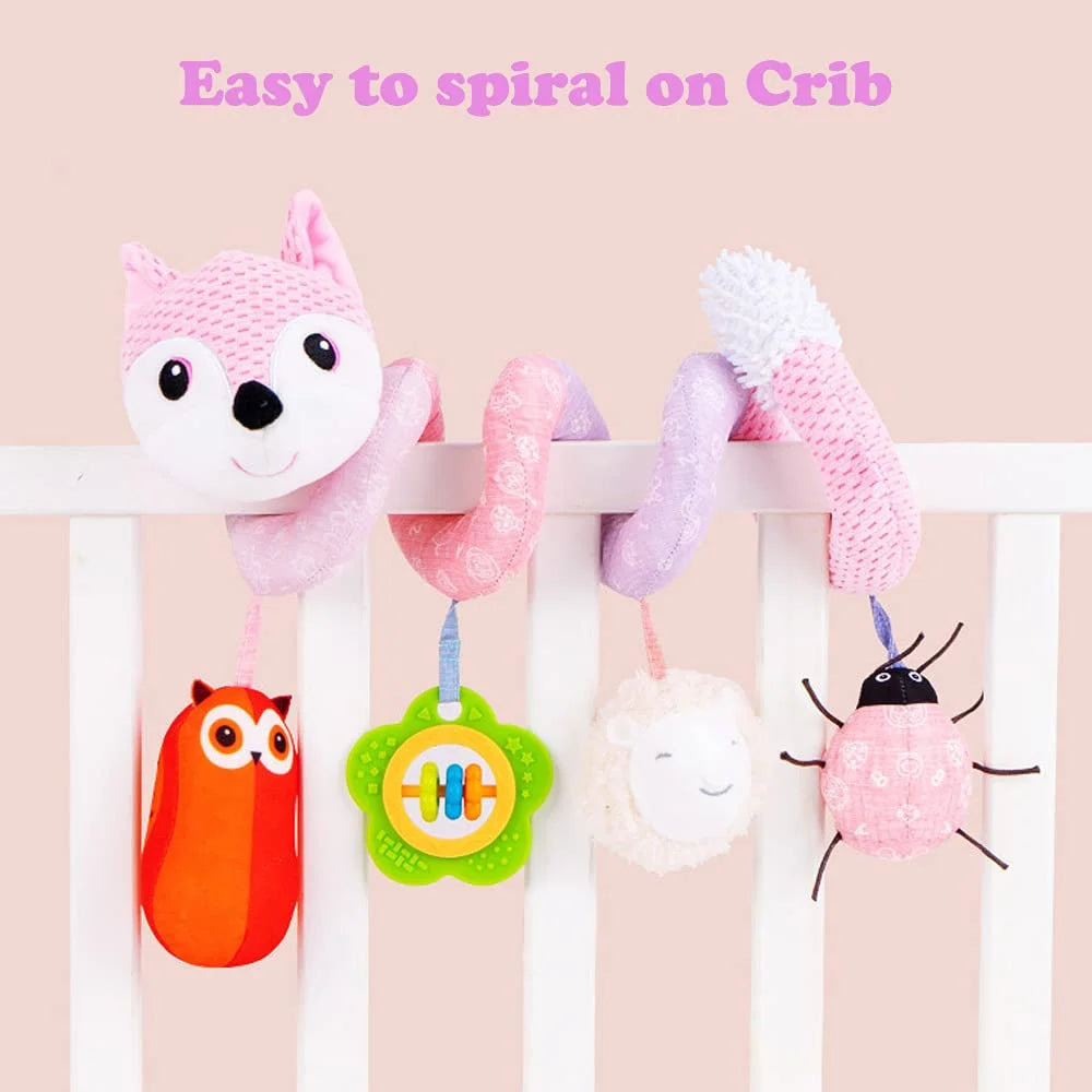 Pink Fox Plush Hanging Stroller Toys with Musical Sheep Rattles Owl Ladybird Distorting Mirror X47362