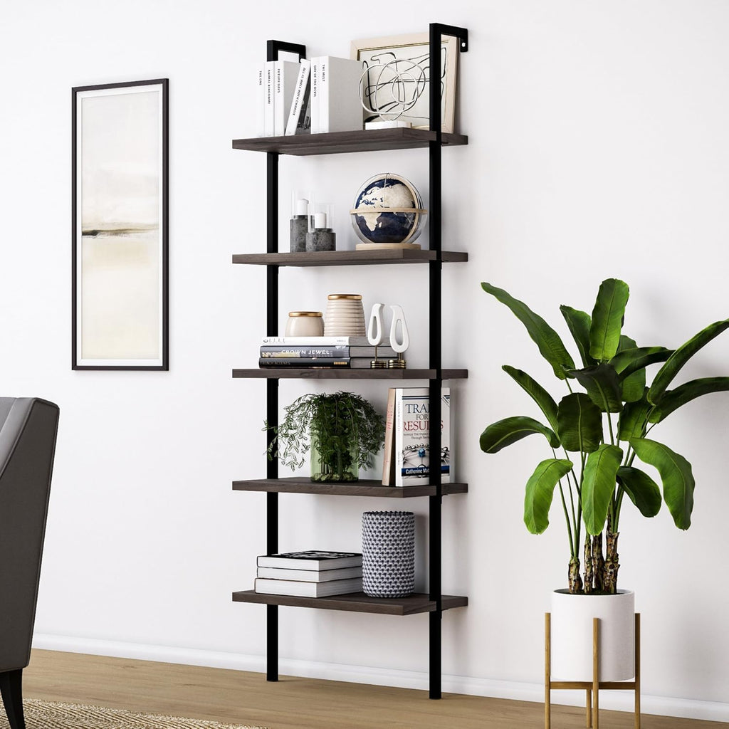6-Shelf Tall Bookcase with Reclaimed Wood and Industrial Metal Frame, Oak/Black L4564