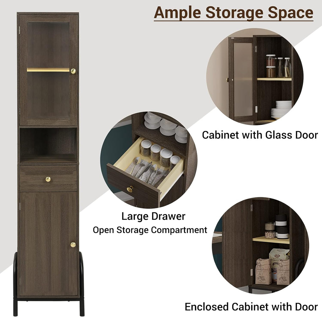 67'' Tall Bathroom Storage Cabinet with Drawer, Glass Door & Shelves D745
