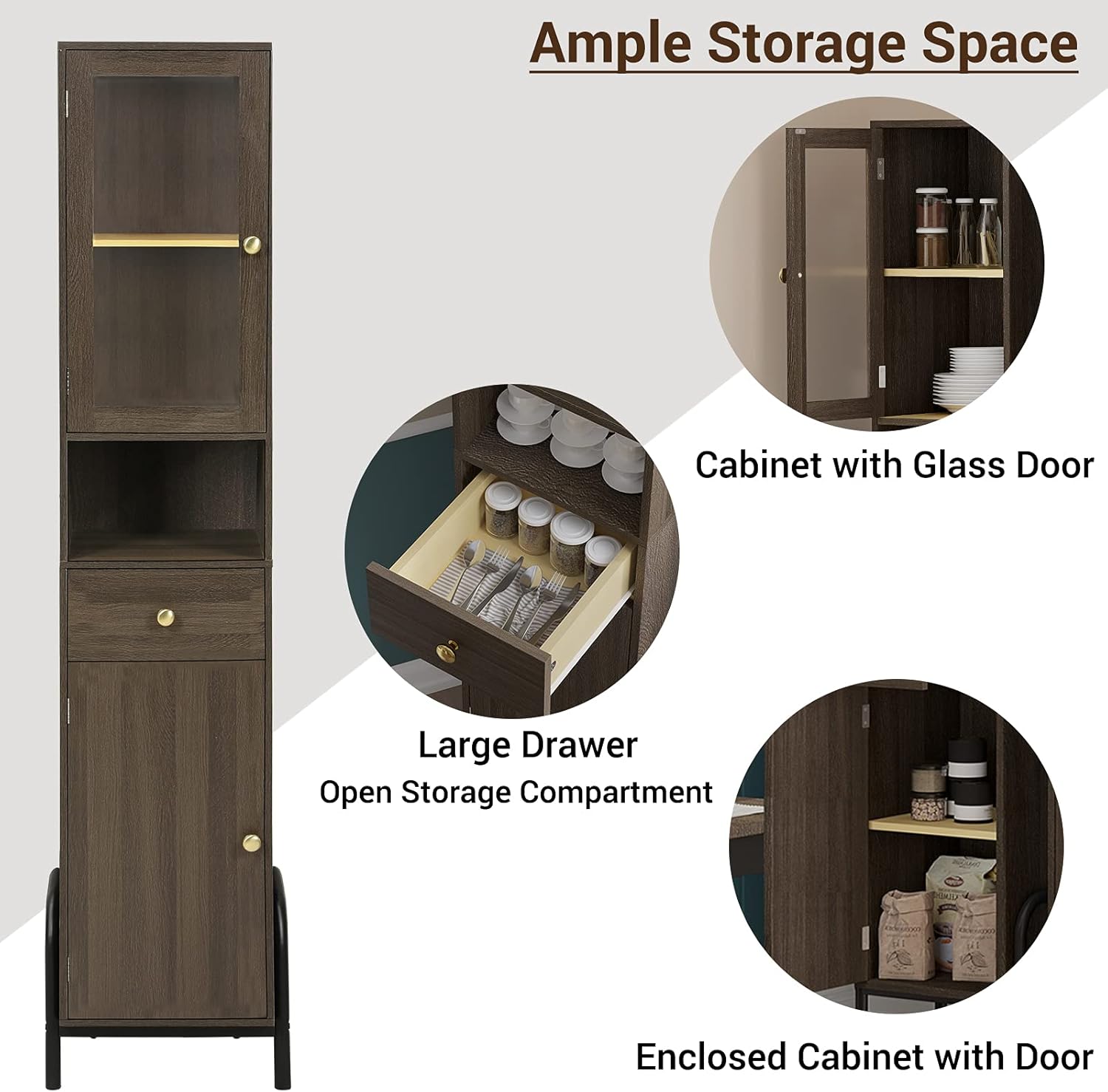 67'' Tall Bathroom Storage Cabinet with Drawer, Glass Door & Shelves D745
