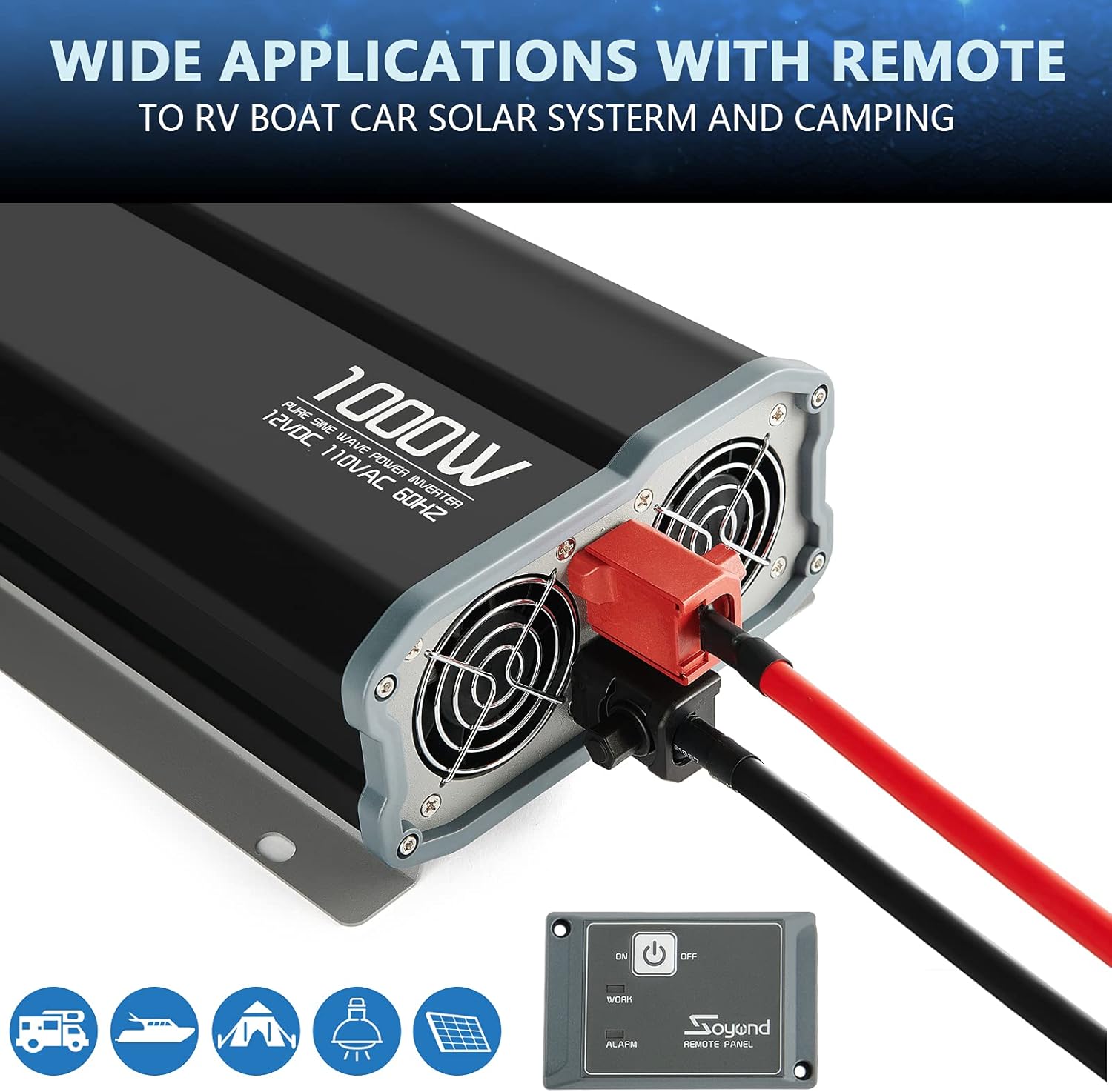 Pure Sine Wave 1000 Watt 12vdc to 120vac Car Inverter with Dual Ac Outlets V8063
