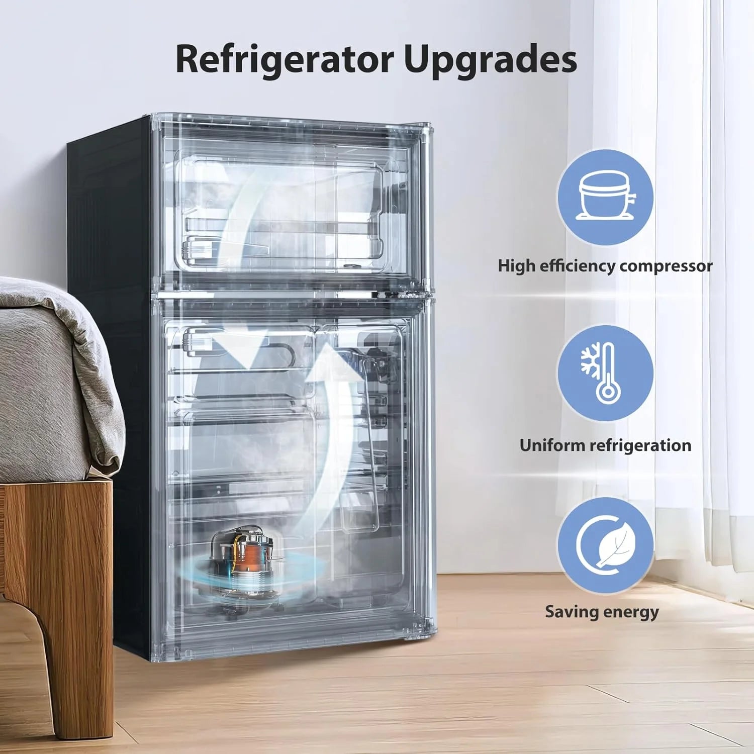3.2 Cu.Ft Compact Mini Refrigerator With Double Door, Retro Black P4341