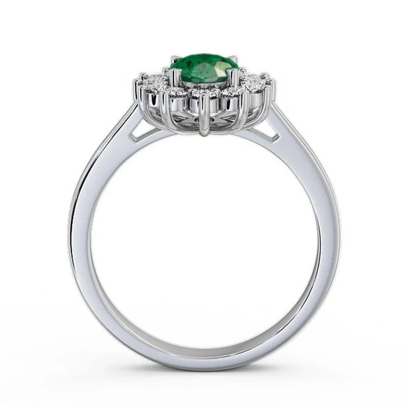 14K White Gold Oval Shape Natural Emerald Diamond Ring D80187