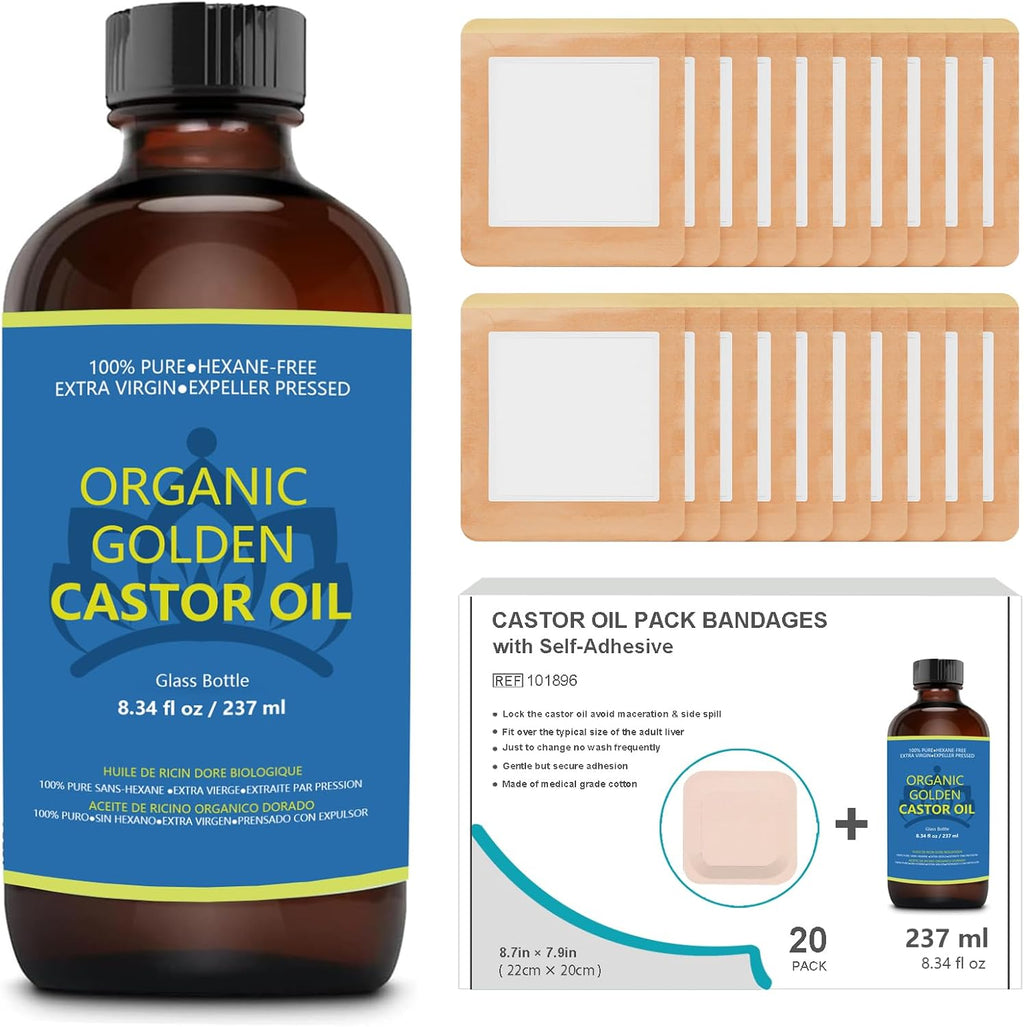 Castor Oil Organic Cold Pressed Unrefined in Glass Bottle (8fl.oz/237ml), 20Pcs Self-Adhesive Castor Oil Pack Wrap Kits D4029