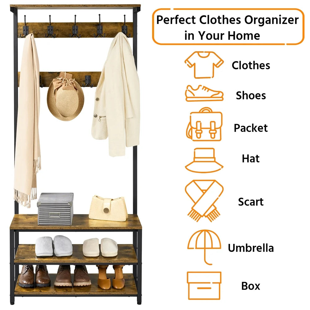 Rustic Brown 3-in-1 Industrial Hall Tree with Shoe Storage & Hooks R641