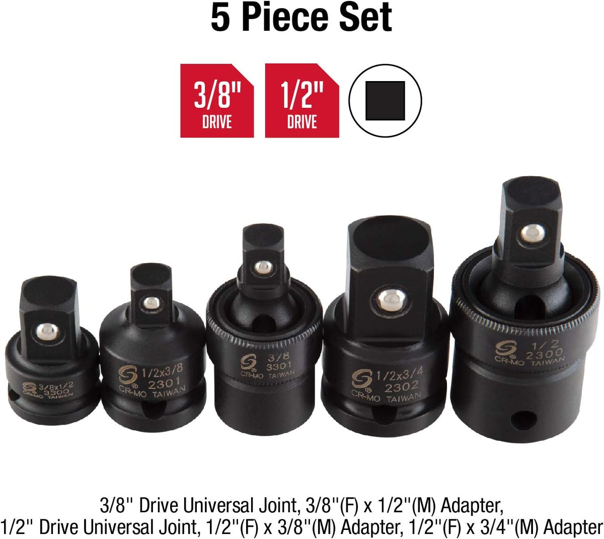 5 Pc. 3/8" & 1/2" Dr. Adapter and Universal Joint Impact Set Q8094