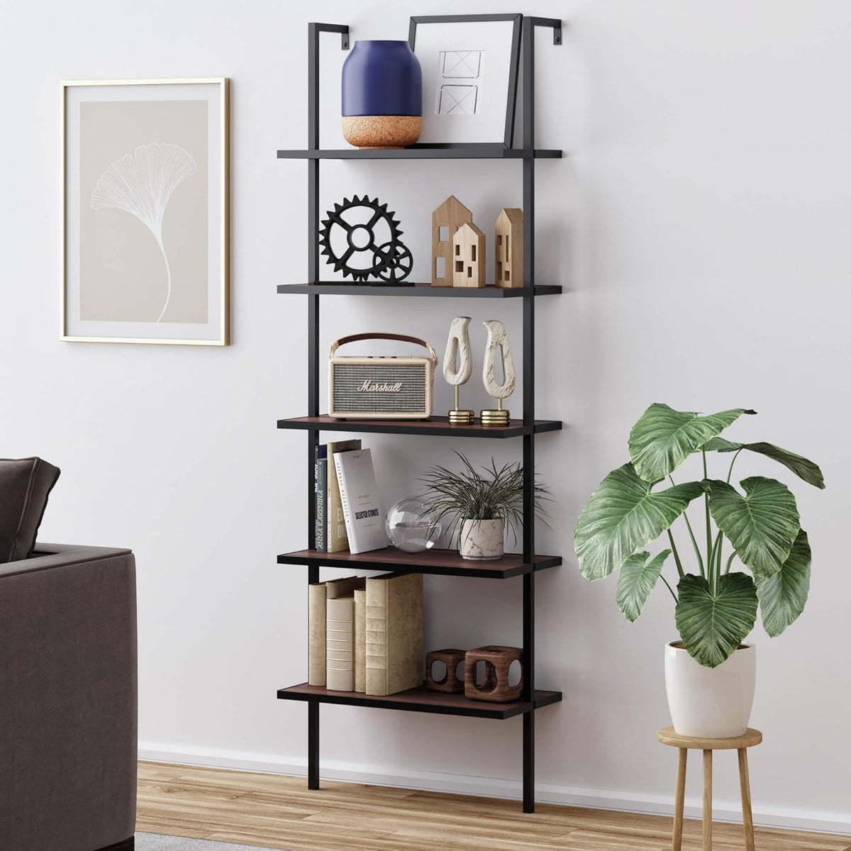 6-Shelf Tall Bookcase with Reclaimed Wood and Industrial Metal Frame, Oak/Black L4564