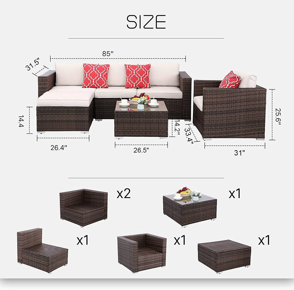 6pcs Gray Rattan Wicker Sectional Outdoor Sofa Set with Black Washable Seat Cushions & Glass Coffee Table V130597
