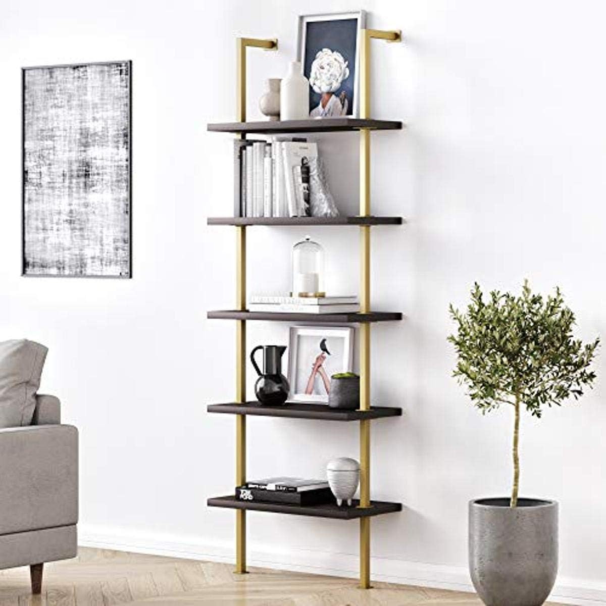 6-Shelf Tall Bookcase with Reclaimed Wood and Industrial Metal Frame, Oak/Black L4564