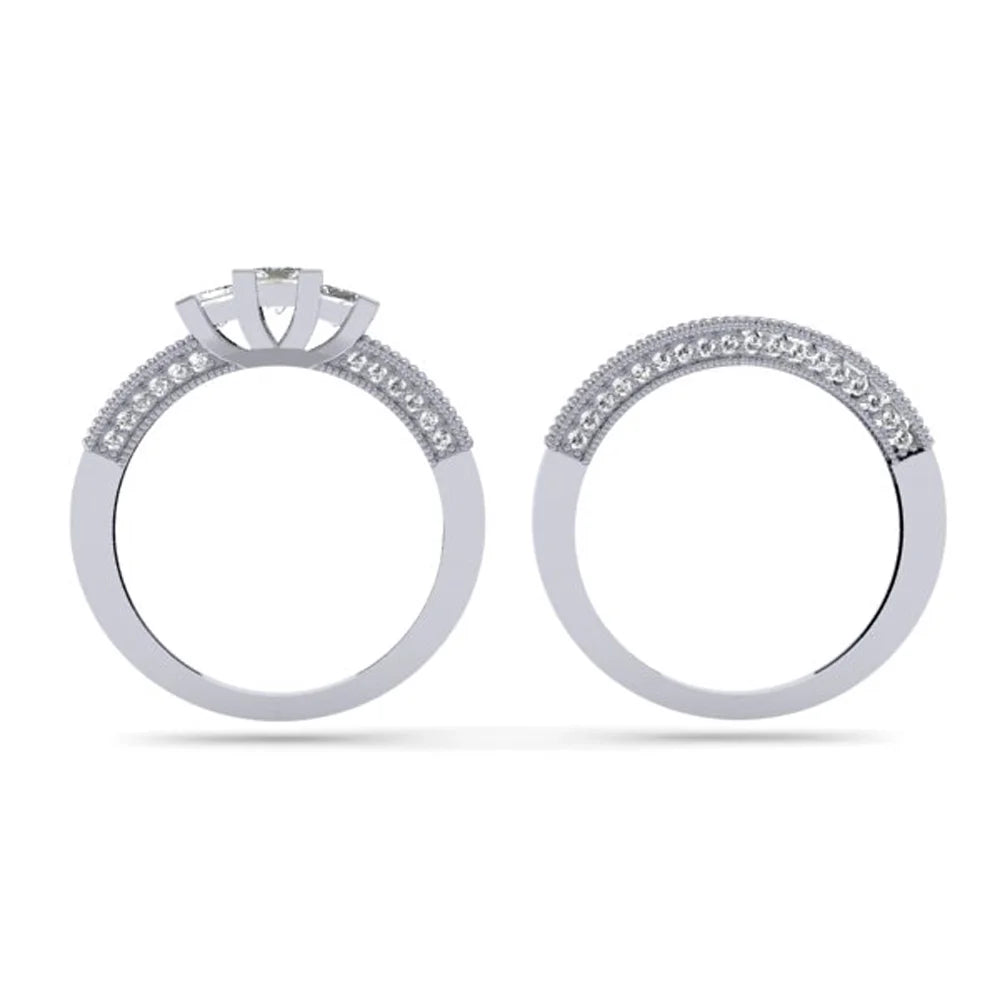 10K White Gold Diamond Bridal 3 Stone Engagement Ring With Matching Band Y618359