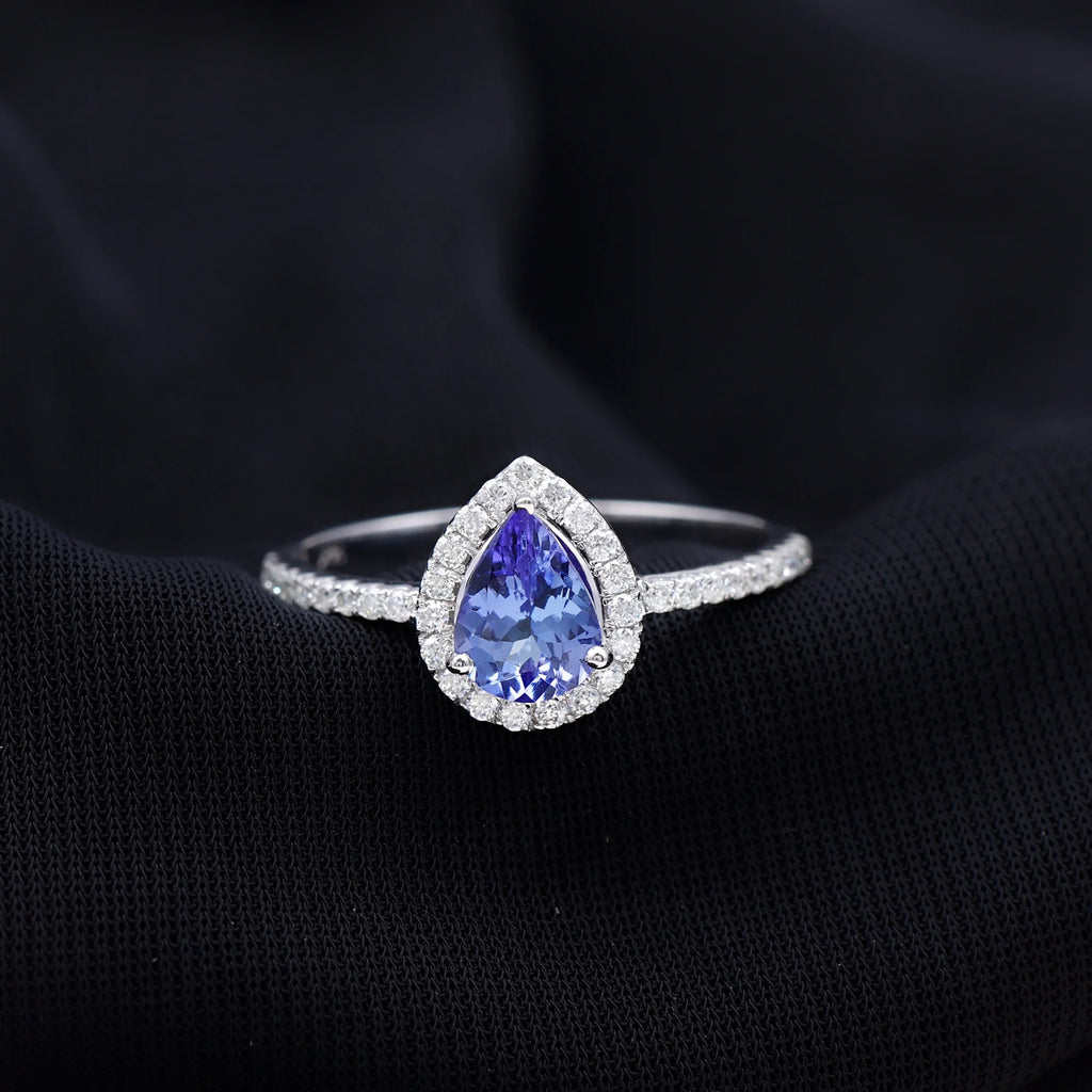 Tanzanite Teardrop Ring with Diamond Halo, 925 Sterling Silver G602