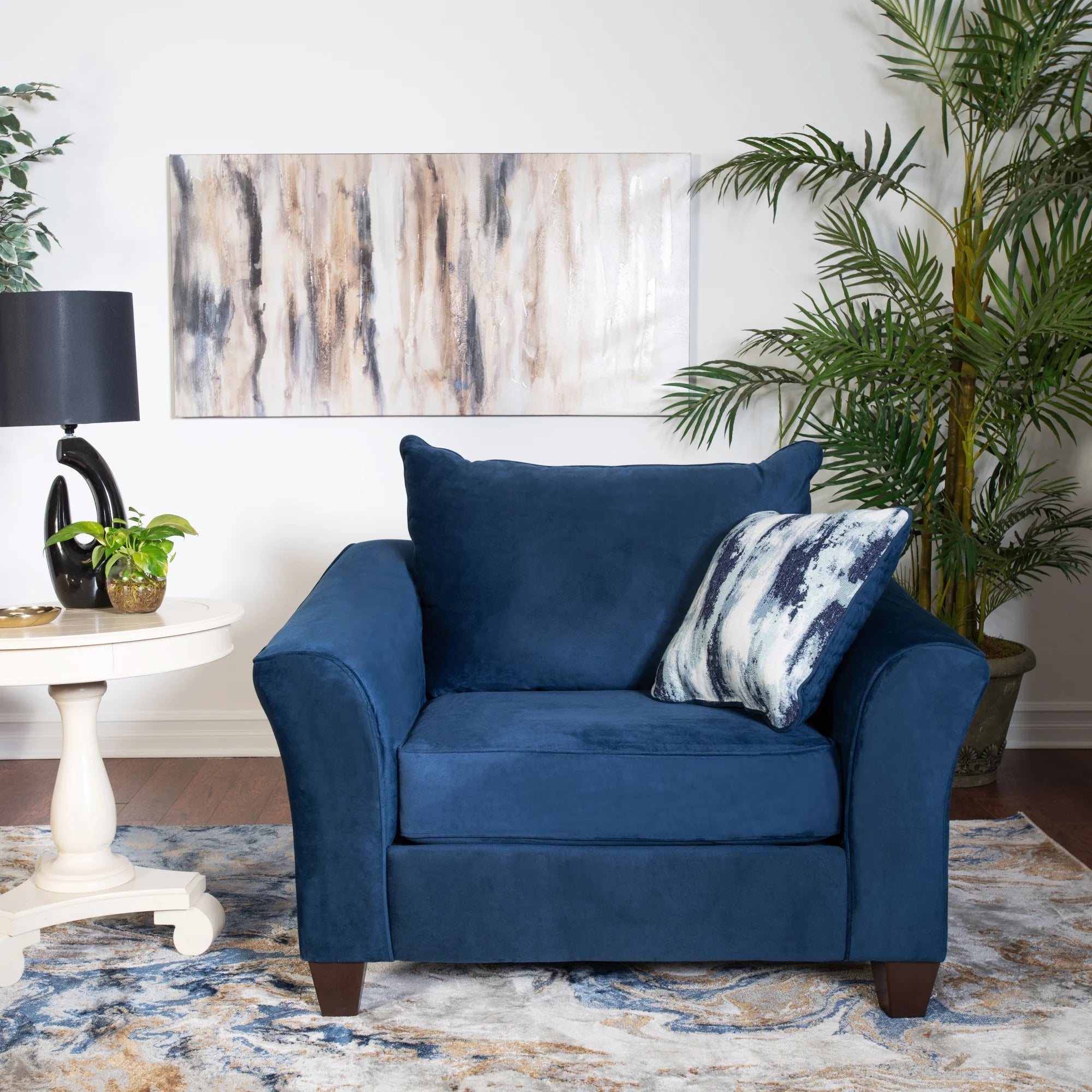 Navy Blue Fabric Pillowback Armchair with Ottoman Set B28413