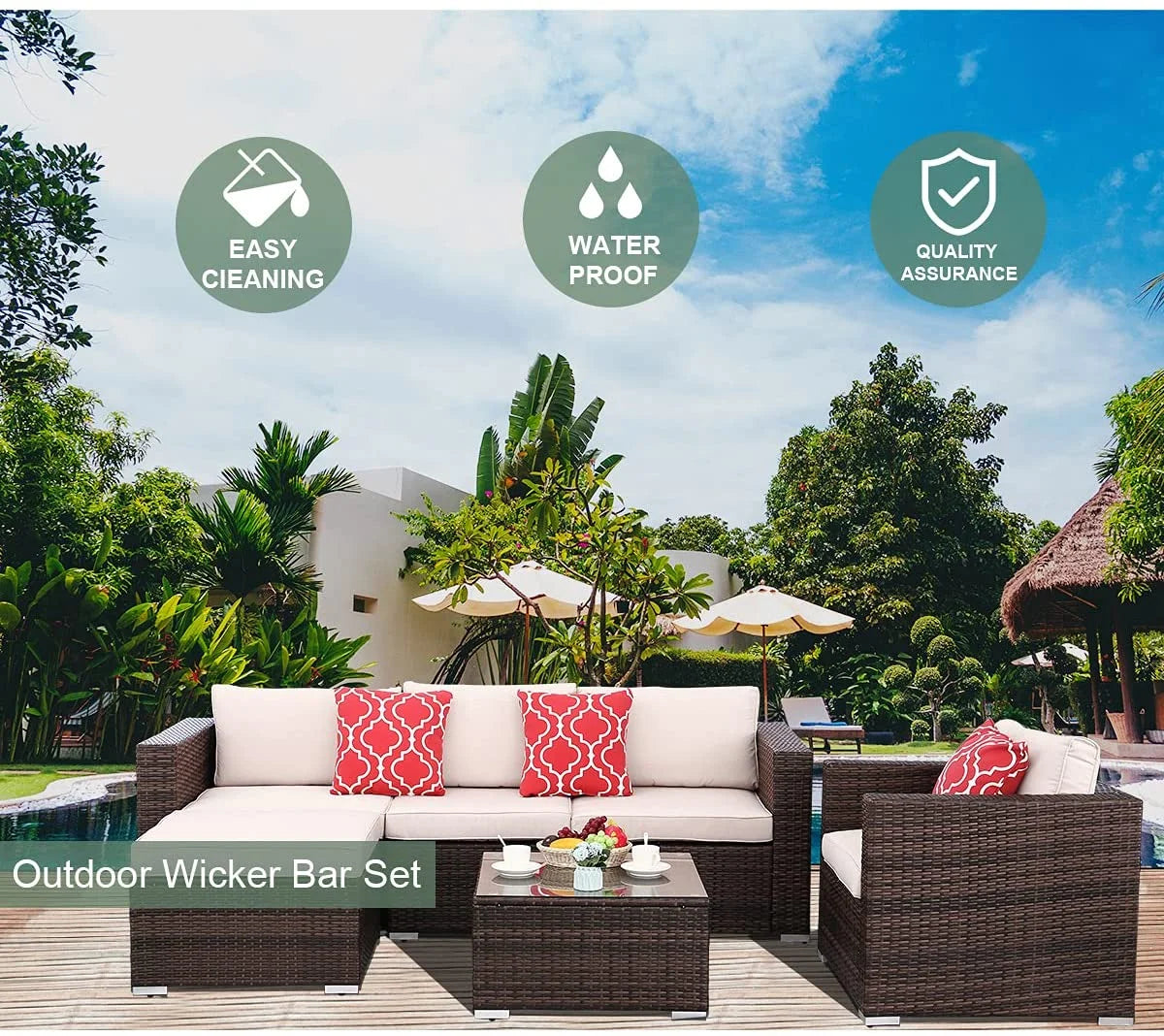 6pcs Gray Rattan Wicker Sectional Outdoor Sofa Set with Black Washable Seat Cushions & Glass Coffee Table V130597