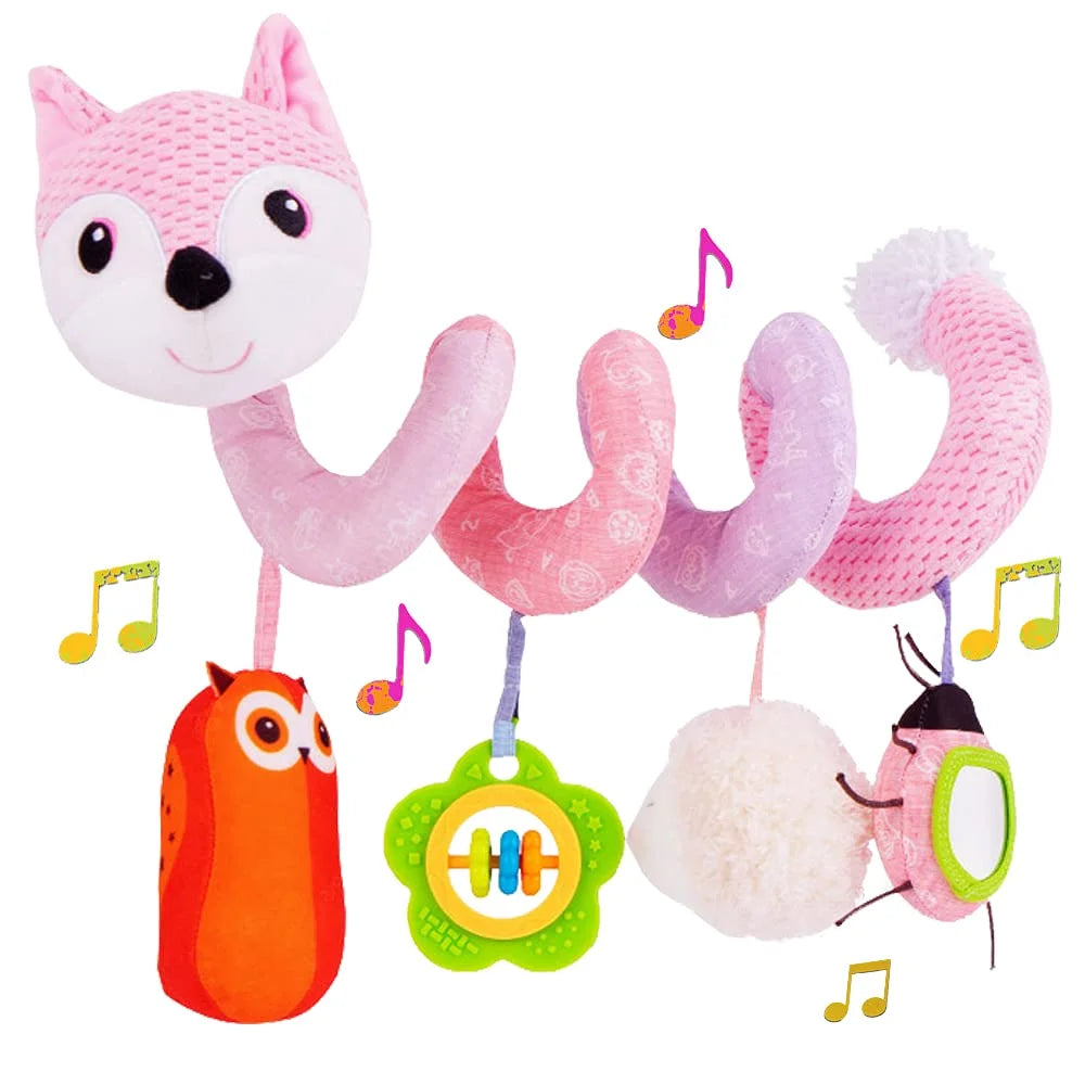 Pink Fox Plush Hanging Stroller Toys with Musical Sheep Rattles Owl Ladybird Distorting Mirror X47362