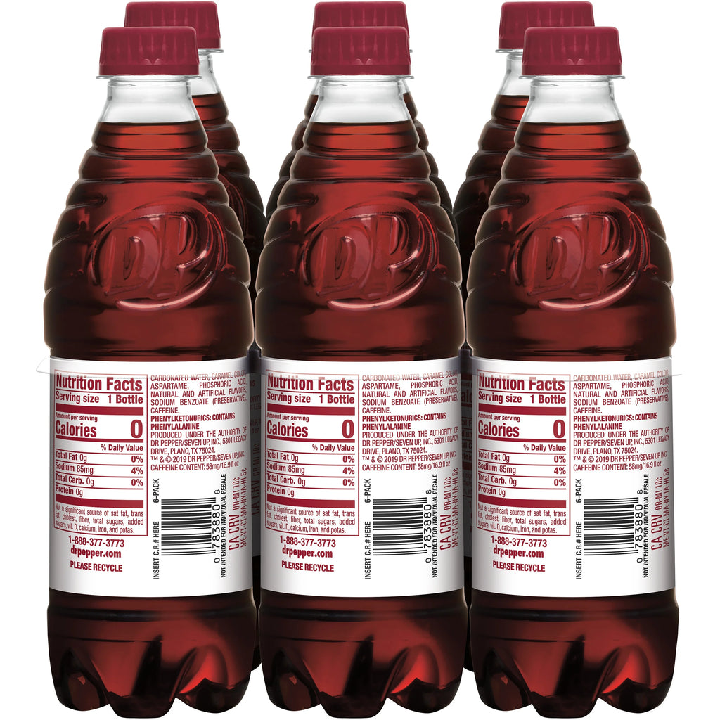 Diet Dr Pepper Soda Pop, 16.9 fl oz, 6 Pack Bottles W817