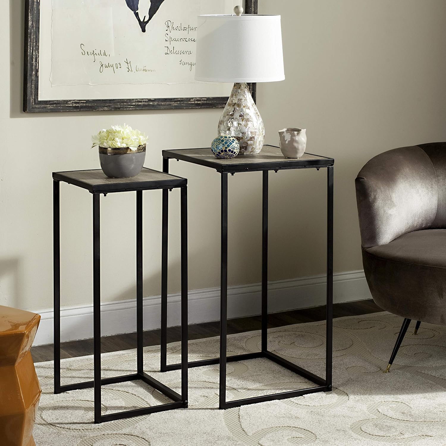 Light Oak and Black Wood Stacking End Table Pack of 2 J143692