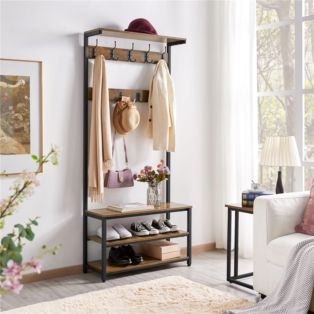 Rustic Brown 3-in-1 Industrial Hall Tree with Shoe Storage & Hooks R641