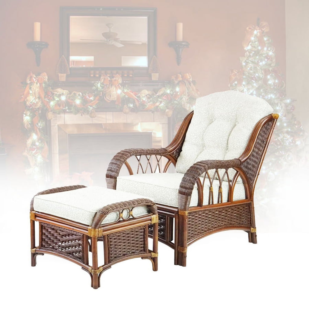 Dark Walnut Natural Rattan Wicker Armchair with Ottoman and Cushion U268