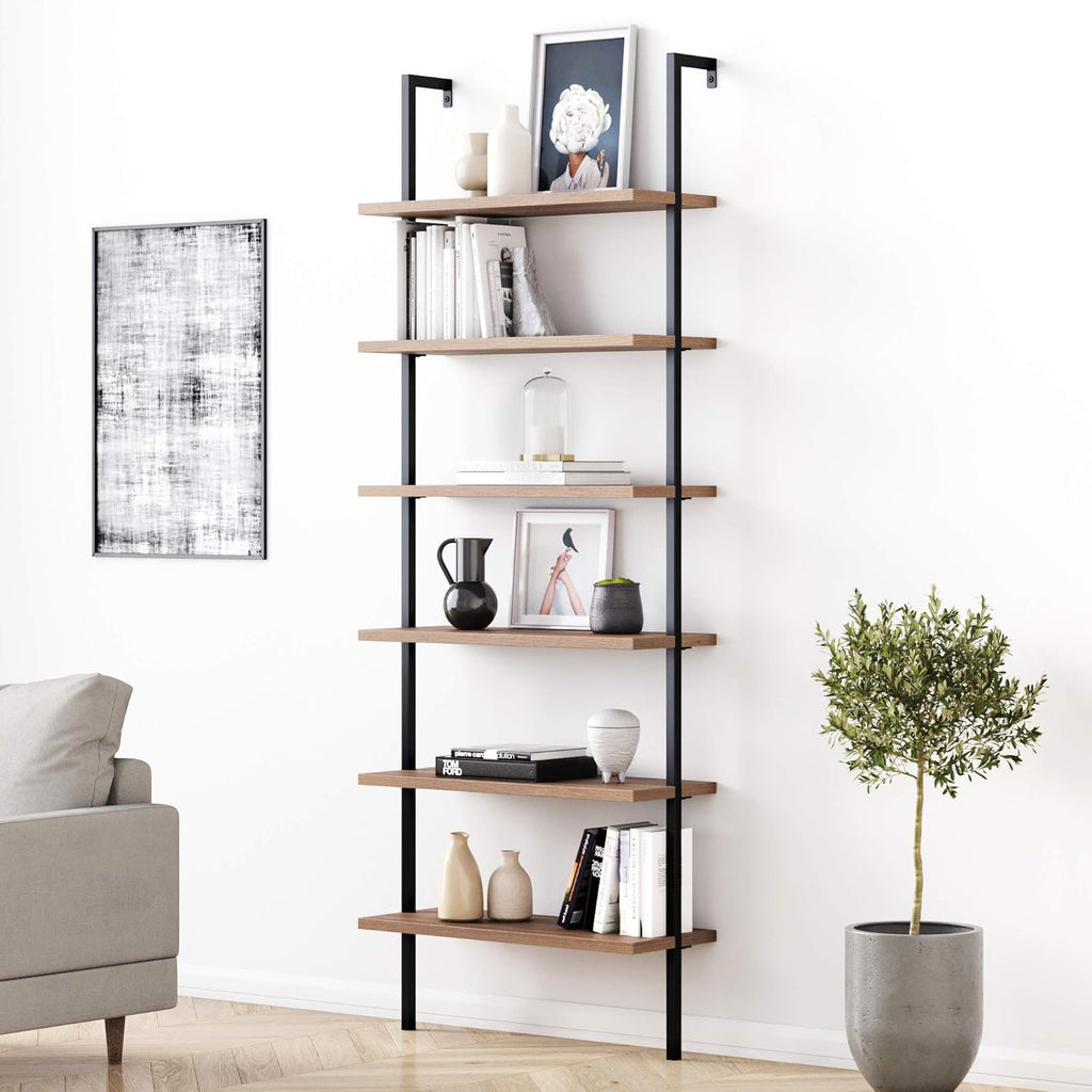 6-Shelf Tall Bookcase with Reclaimed Wood and Industrial Metal Frame, Oak/Black L4564