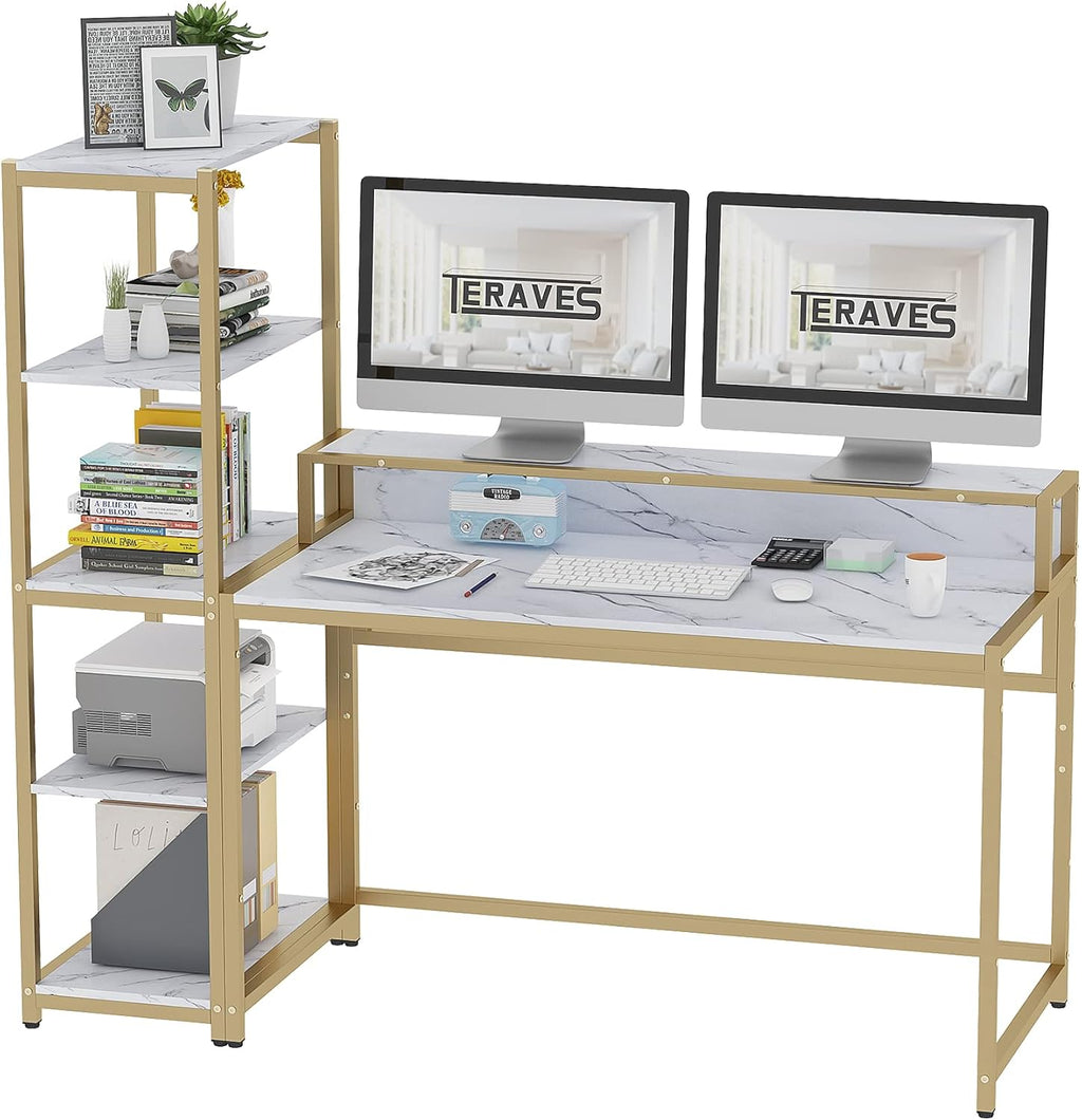 Teak 47 Inch Computer Desk with 5 Tier Shelves M248