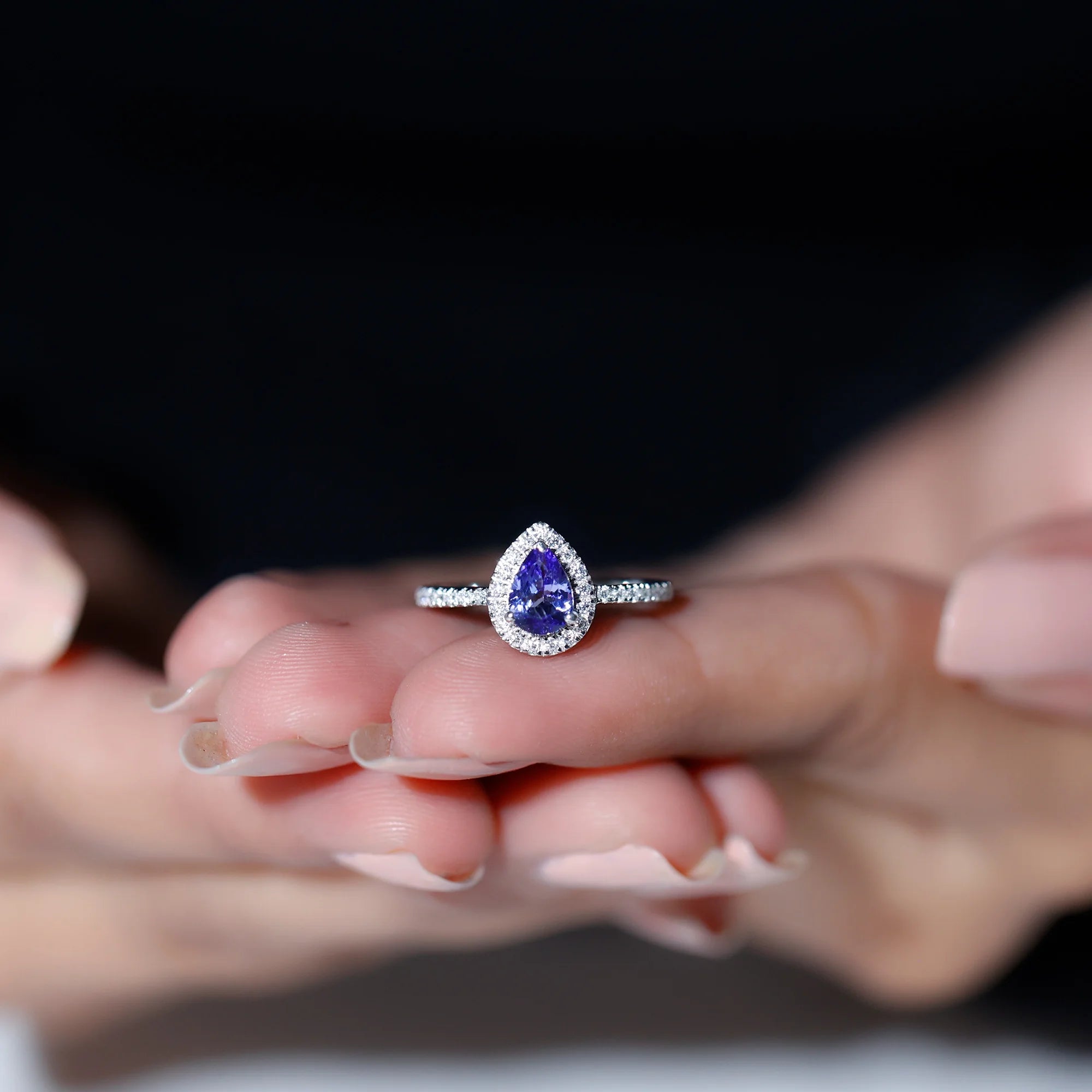 Tanzanite Teardrop Ring with Diamond Halo, 925 Sterling Silver G602