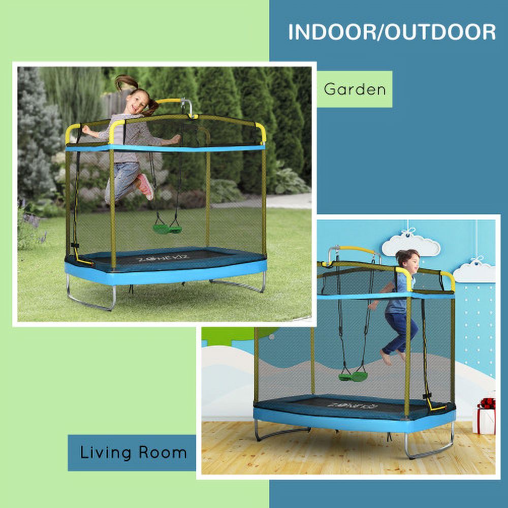 3-in-1 Kids Trampoline with Enclosure, Swing, Gymnastics Bar, Light Blue Z1598