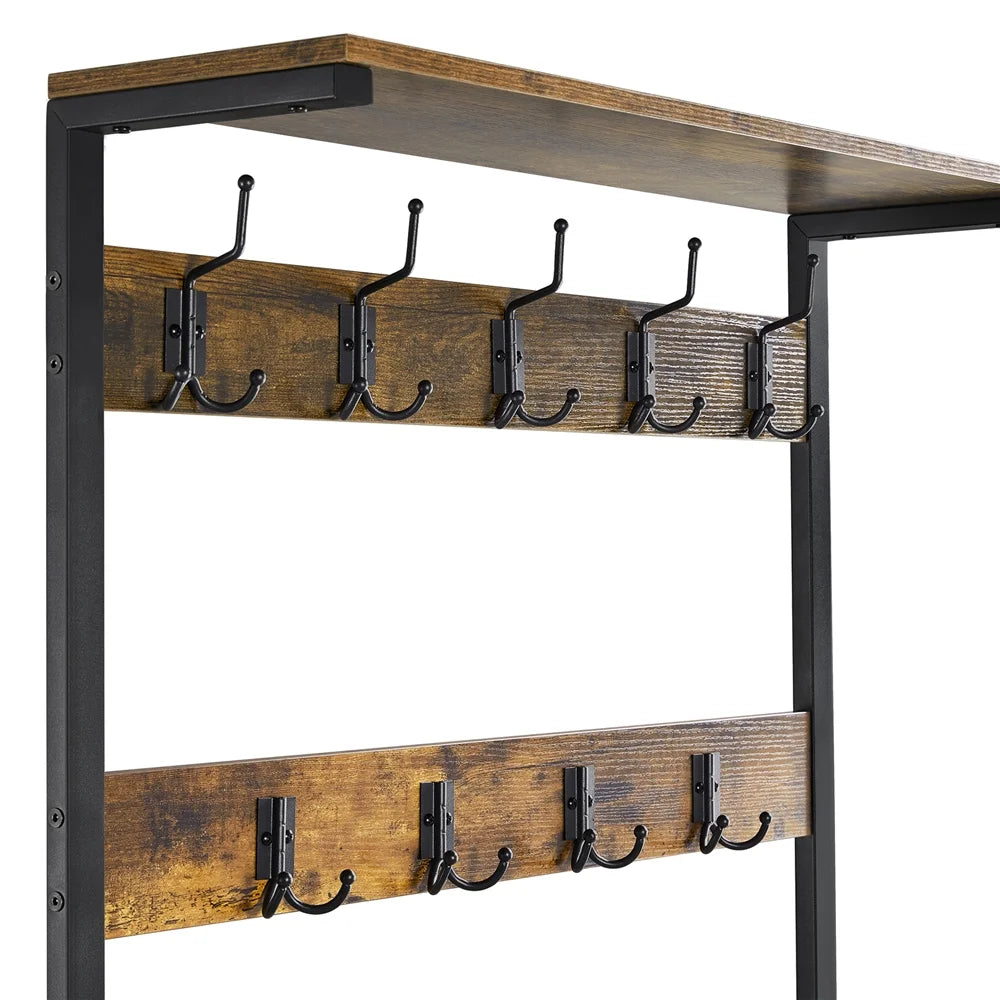 Rustic Brown 3-in-1 Industrial Hall Tree with Shoe Storage & Hooks R641